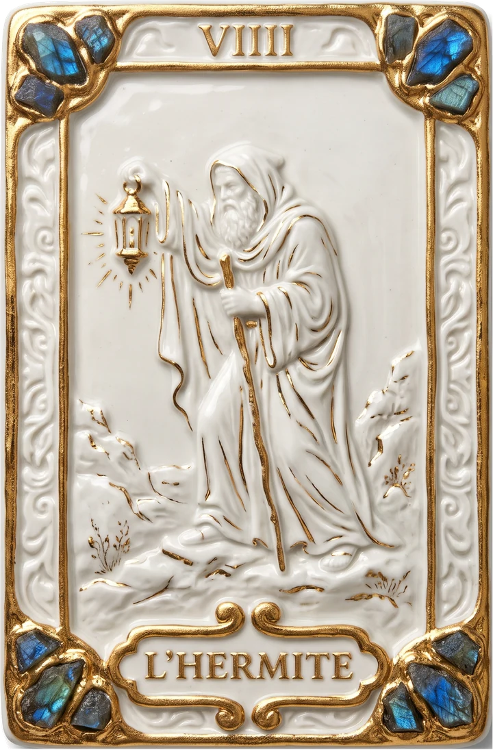 Carte de tarot en porcelaine et or : L'Hermite