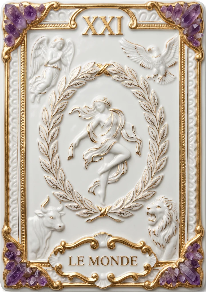 Carte de tarot en porcelaine et or : Le Monde