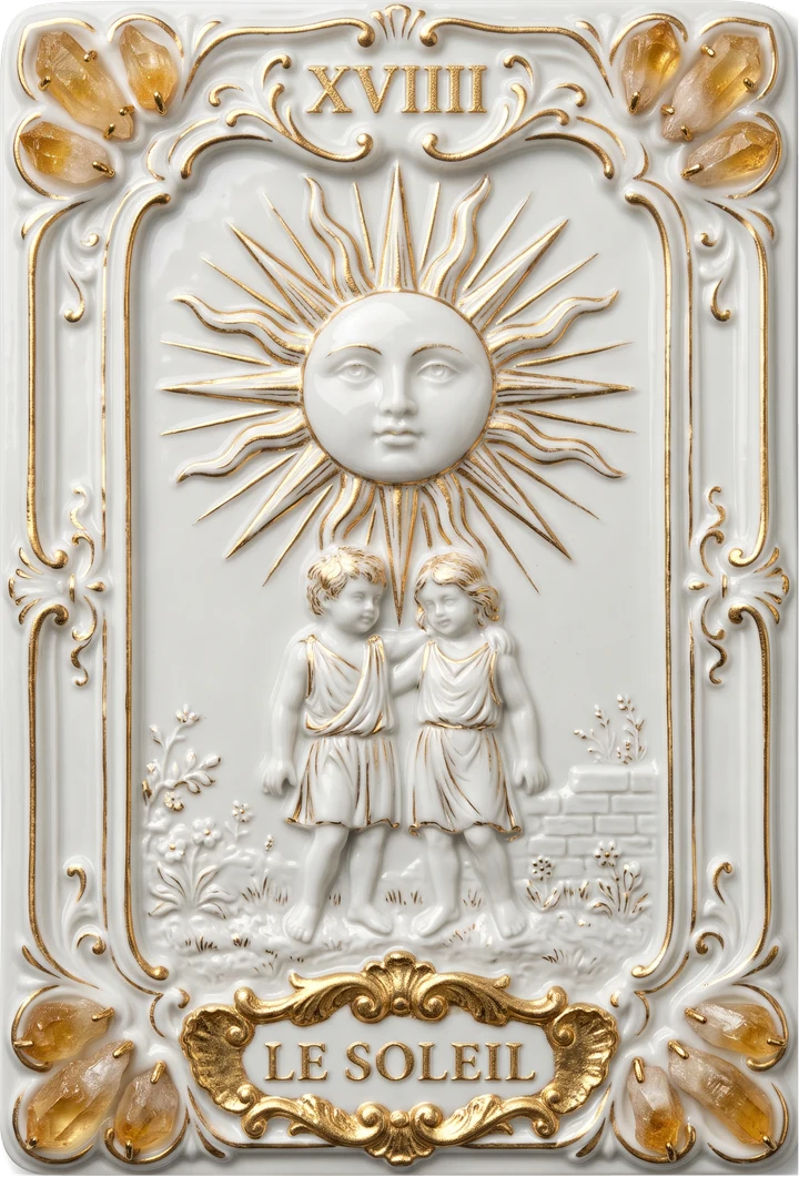 Carte de tarot en porcelaine et or : Le Soleil