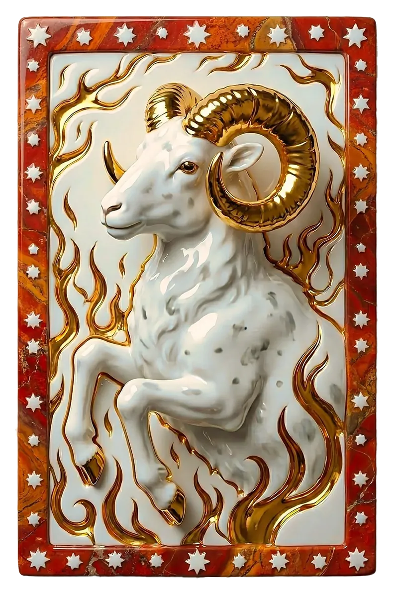 Le Bélier, bas-relief de porcelaine et feuille d'or