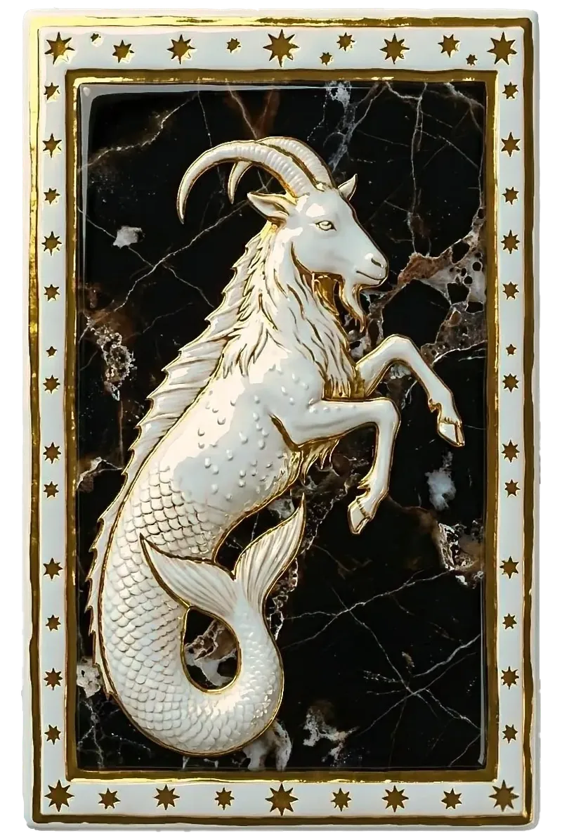 Le Capricorne, bas-relief de porcelaine et feuille d'or