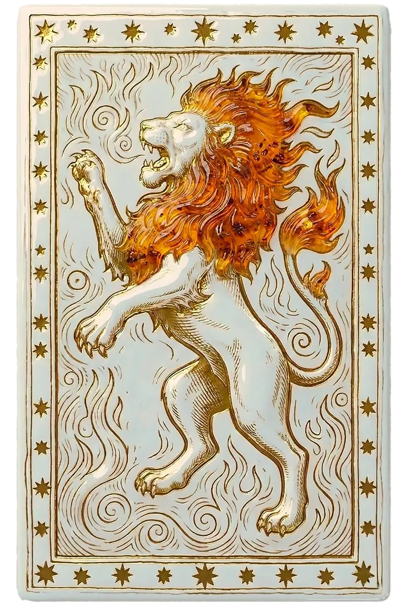 Le Lion, bas-relief de porcelaine et feuille d'or